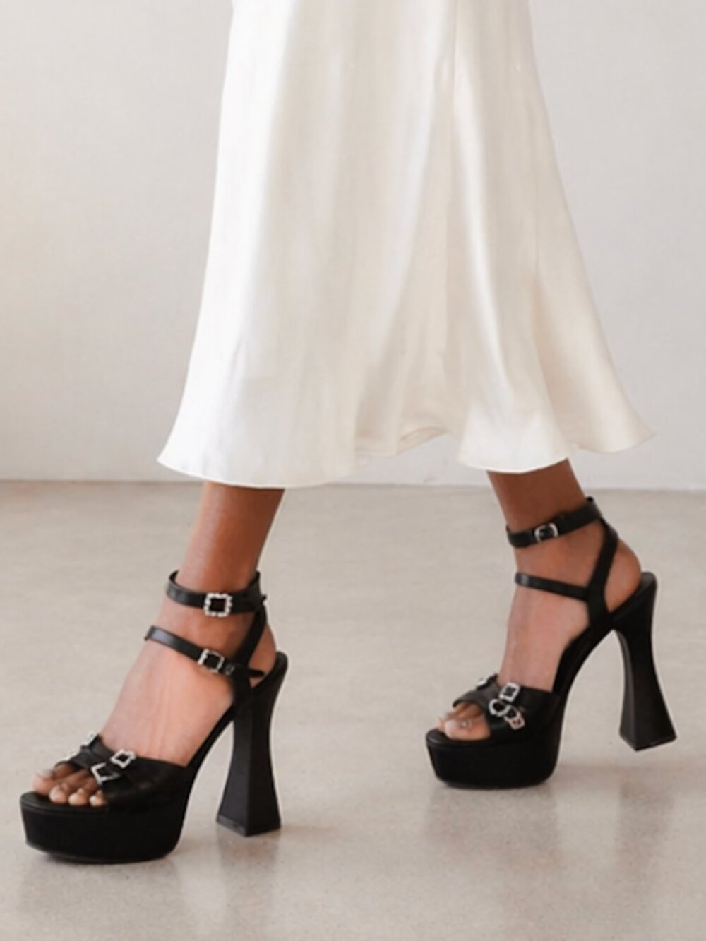 Black Suede Studio Amarie Platform Heels Crystal Buckle Strappy Leather